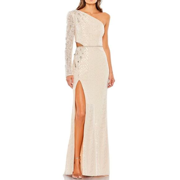 Mac Duggal Evening Gown 11306 Embellished One Sleeve Beaded White Cream 16 - Picture 2 of 9